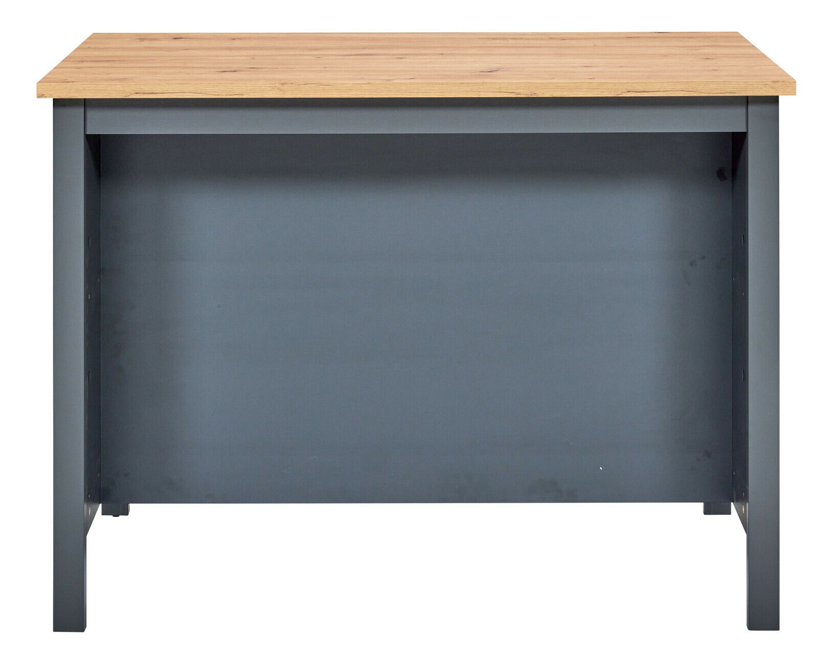 Kücheninsel mit Holzplatte und grauer Frontansicht