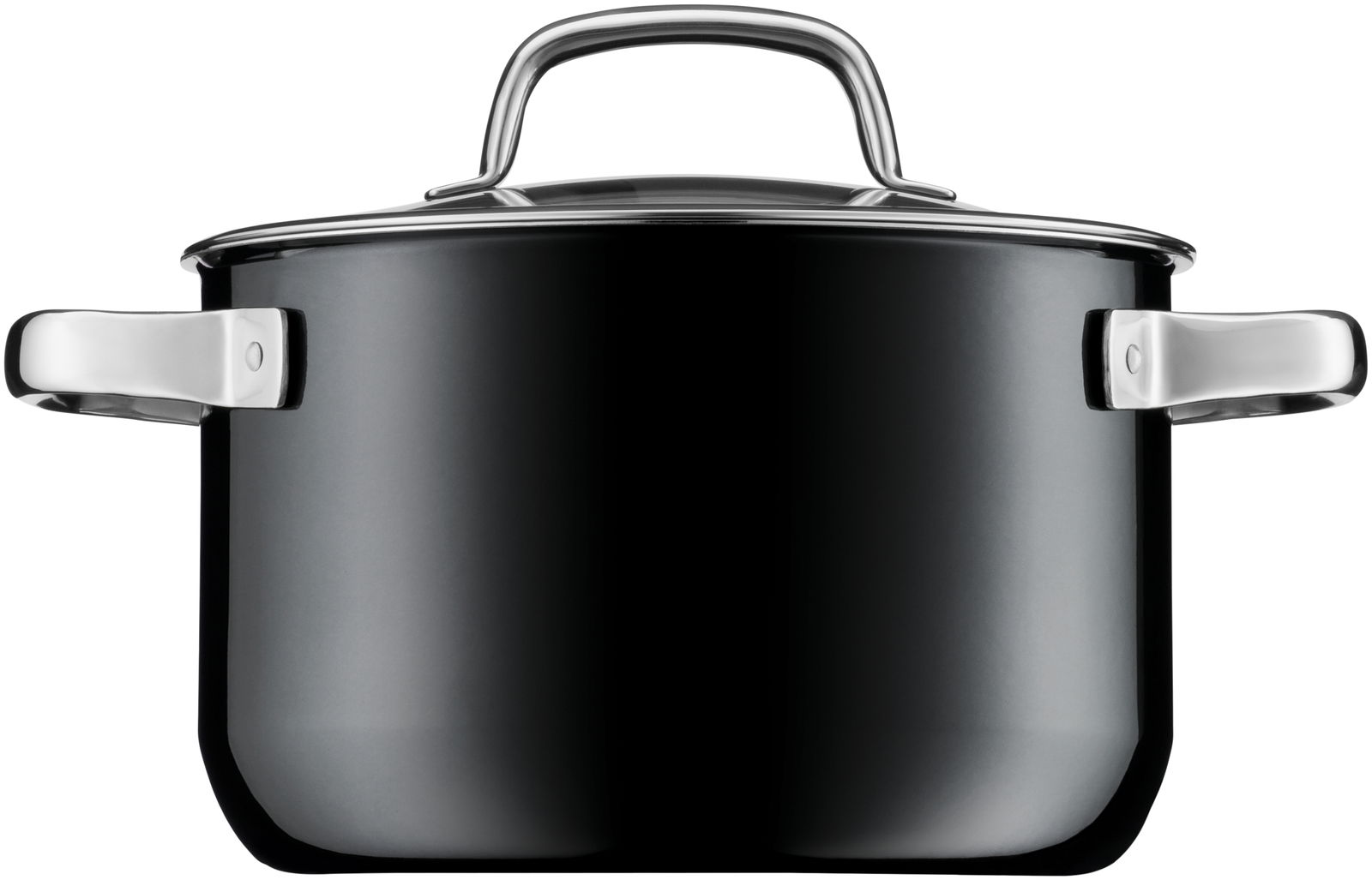 Frontansicht eines schwarzen Kochtopfs mit silbernen Griffen und Deckel, Teil des WMF Mineral Topf-Sets, 4-teilig, Rose Quartz FUSIONTEC.