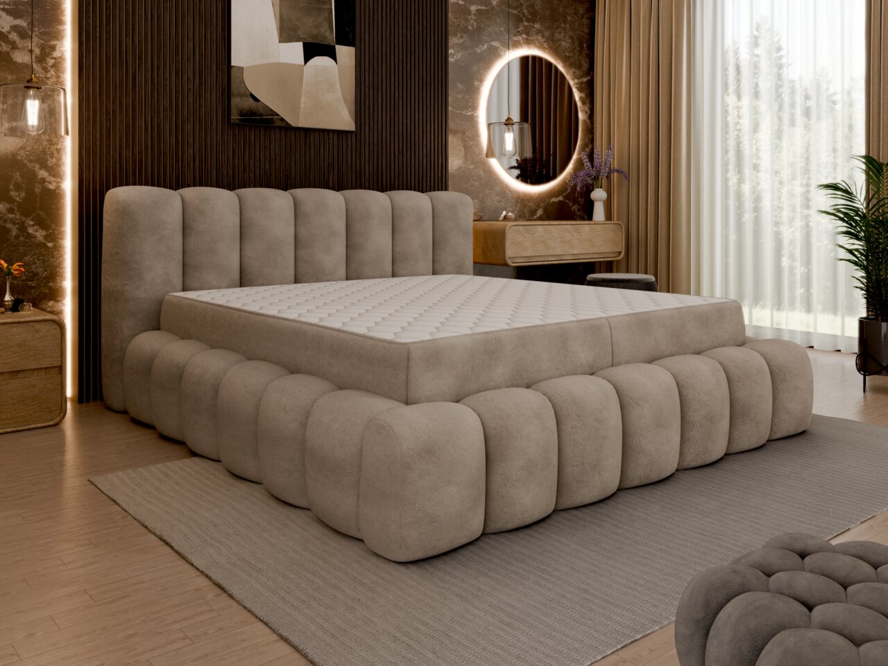 Polsterbett in einem modernen Schlafzimmer, seitliche Perspektive
