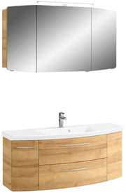 Moderne Badkombination mit Holzoptik, bestehend aus einem Spiegelschrank und einem Waschtisch mit Unterschrank, Frontalansicht.