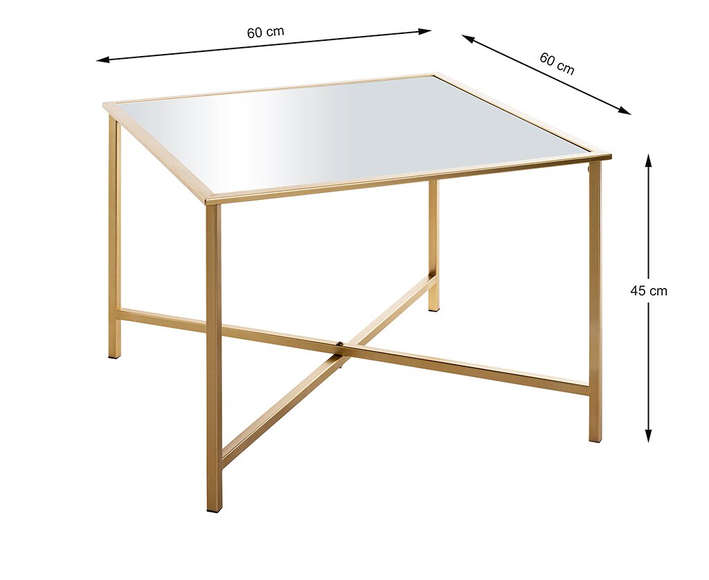 Quadratischer Beistelltisch mit spiegelnder Glasplatte und goldfarbenem Metallgestell, Maße 60 x 60 cm, Höhe 45 cm, in schräger Perspektive von oben gezeigt.