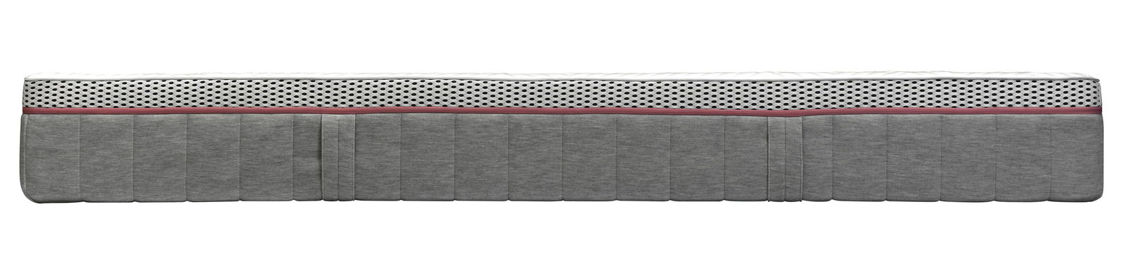irisette Matras medium BODY&SOUL Seitenansicht einer Matratze 90x200 MEDIUM mit grauem Stoffbezug und perforiertem weißen Oberteil.