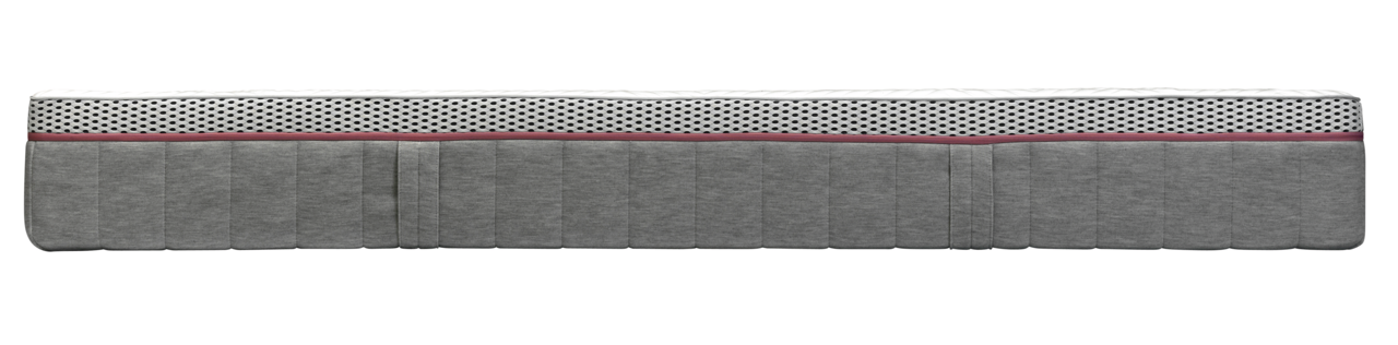 Seitenansicht einer Matratze 90x200 MEDIUM mit grauem Stoffbezug und perforiertem weißen Oberteil.