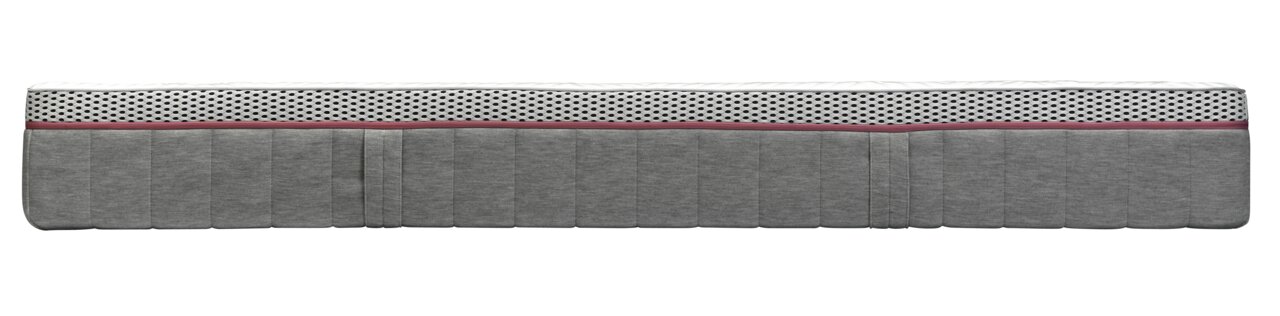 Seitenansicht einer Matratze 90x200 MEDIUM mit grauem Stoffbezug und perforiertem weißen Oberteil.