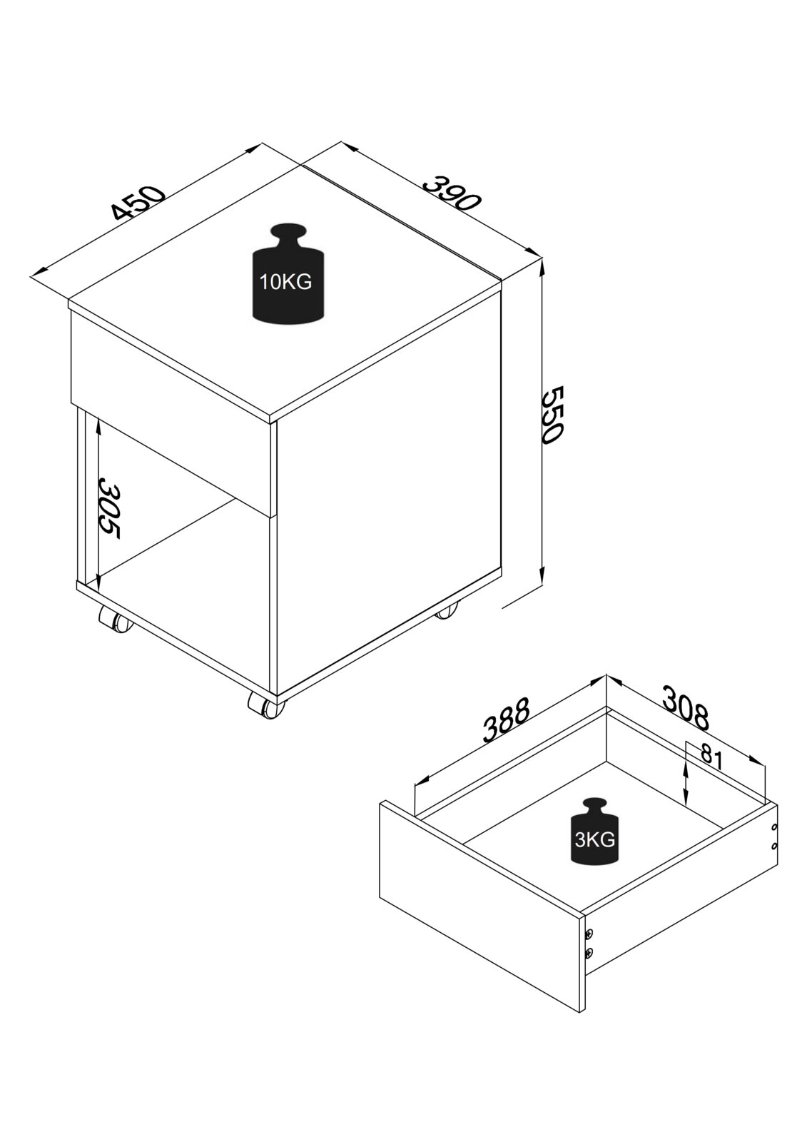 Technische Zeichnung eines rollbaren Nachttischs/Beistellwagens mit Ablagefach und Schublade, Maße ca. 450 x 390 x 550 mm, Traglast oben 10 kg und Schublade 3 kg, perspektivische Ansicht von schräg oben vorne.