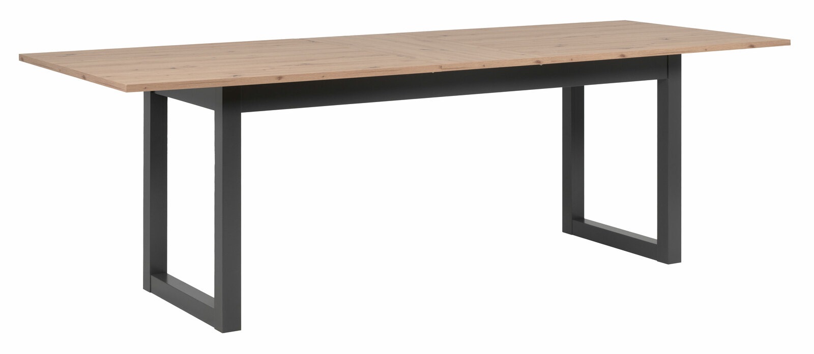 Moderner Esstisch mit Holzplatte und schwarzen Metallbeinen, seitliche Perspektive