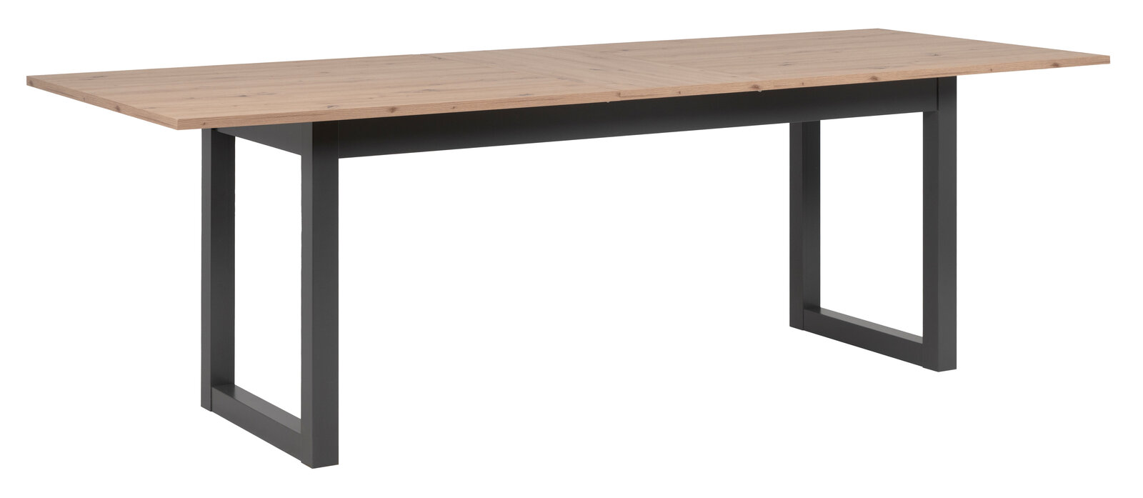 Moderner Esstisch mit Holzplatte und schwarzen Metallbeinen, seitliche Perspektive