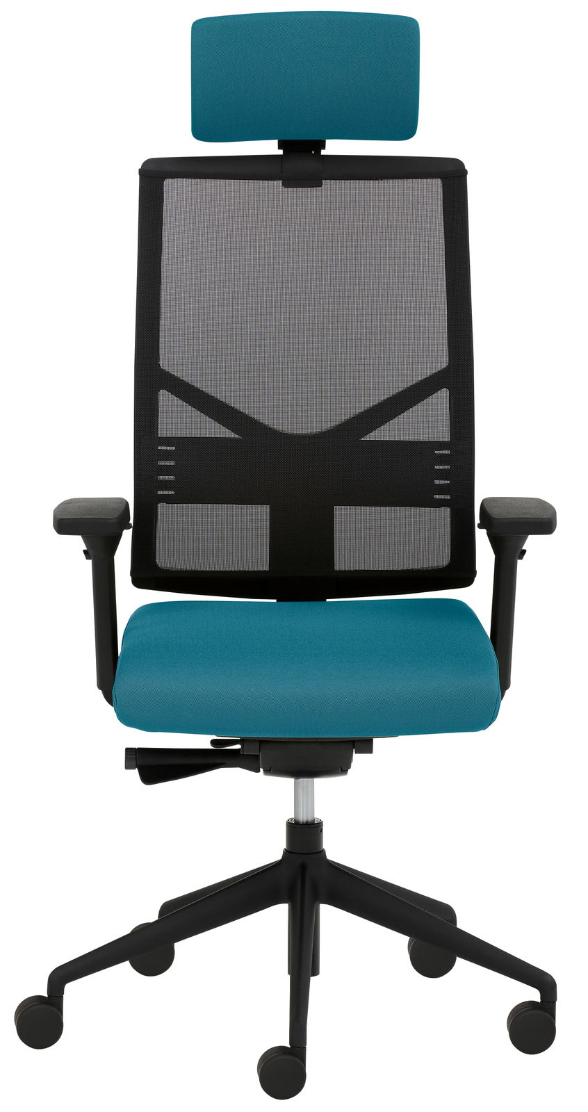 Moderner Drehstuhl mit Netzrückenlehne und blauer Polsterung, Frontalansicht