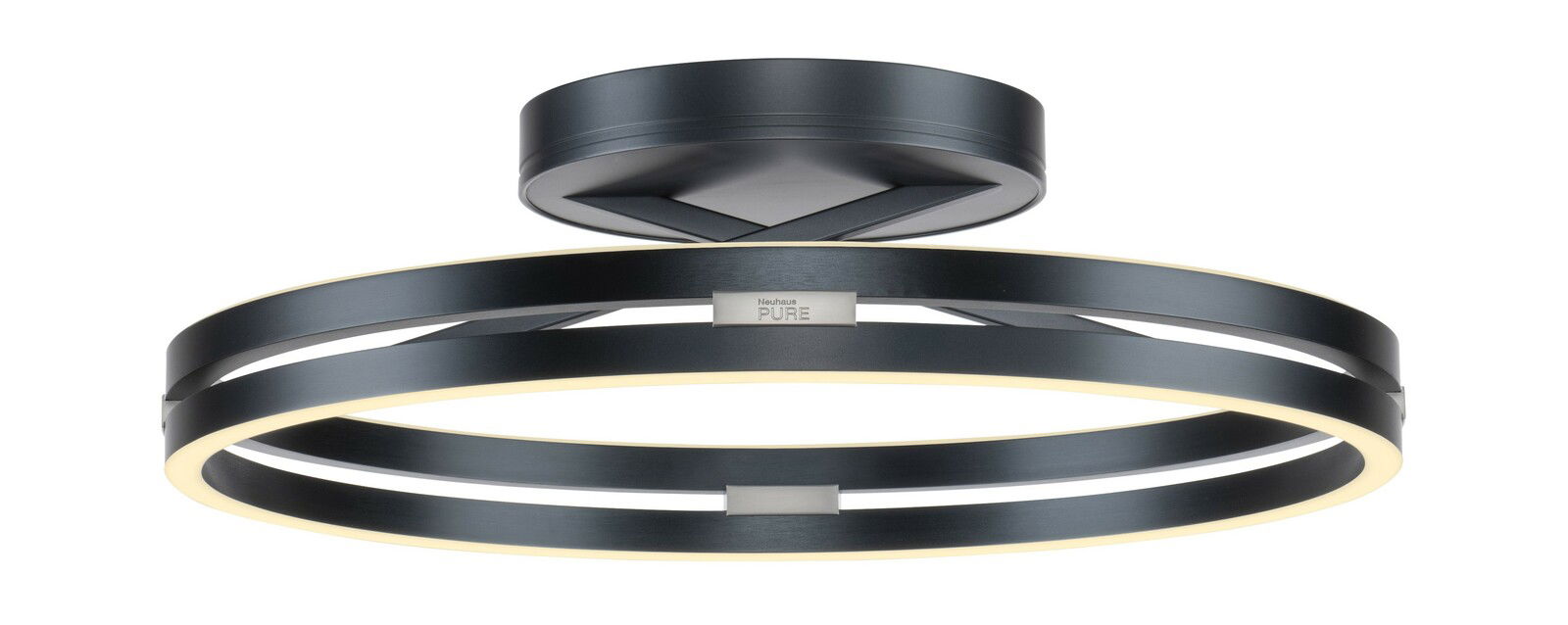 Moderne Deckenleuchte PURE Loop von Paul Neuhaus in schwarzem Metall mit zwei leuchtenden Ringen, seitliche Perspektive.