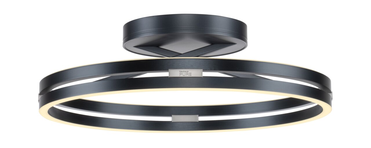 Moderne Deckenleuchte PURE Loop von Paul Neuhaus in schwarzem Metall mit zwei leuchtenden Ringen, seitliche Perspektive.