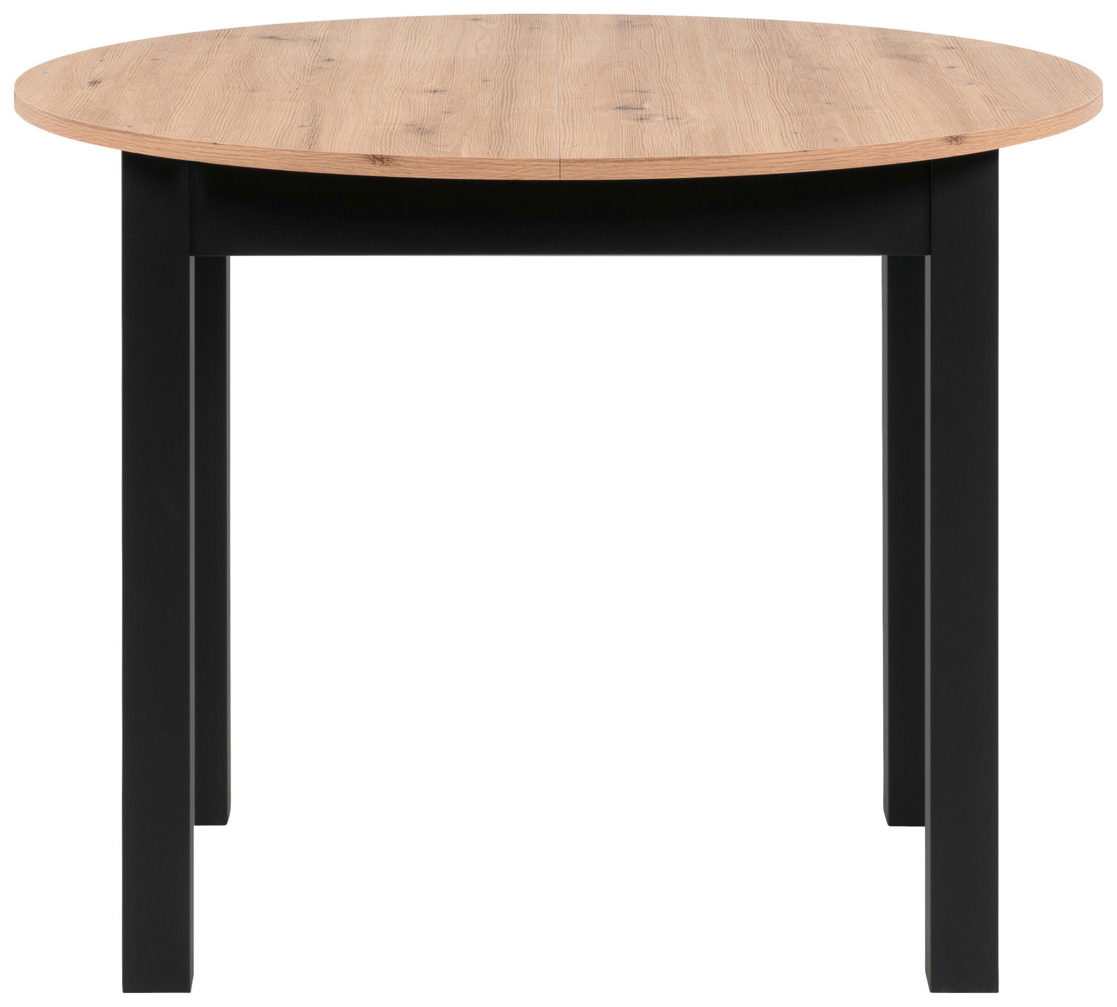 Runder Esstisch mit Holzplatte und schwarzen Beinen, Seitenansicht