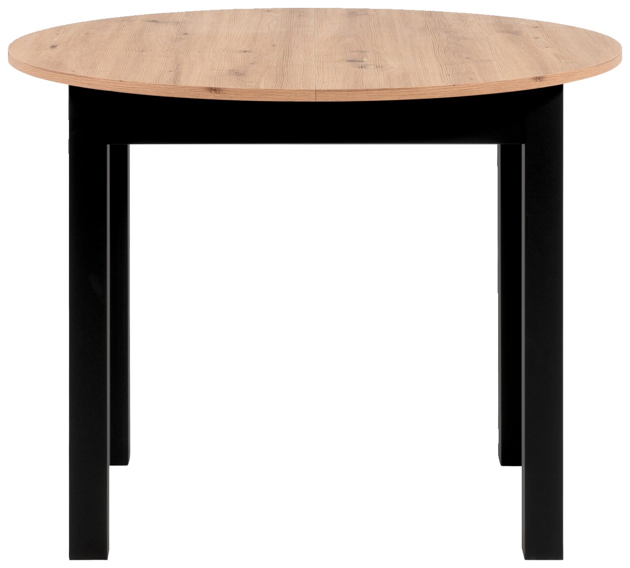 Runder Esstisch mit Holzplatte und schwarzen Beinen, Seitenansicht