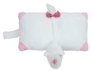 Weißes und rosa Kinderkissen in Form eines Einhorns, von oben betrachtet, mit flauschigem Schwanz und rosa Schleife.