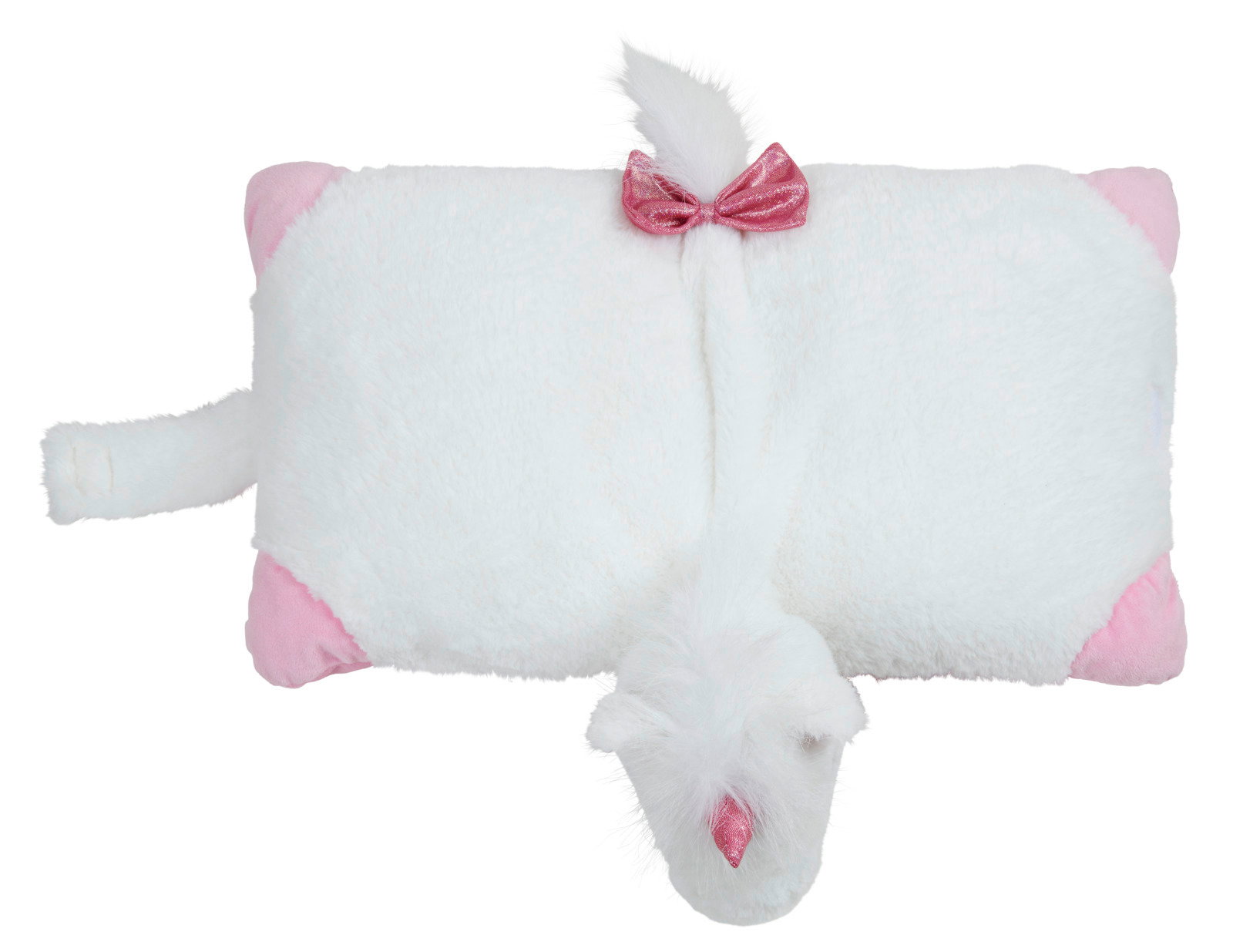 Weißes und rosa Kinderkissen in Form eines Einhorns, von oben betrachtet, mit flauschigem Schwanz und rosa Schleife.