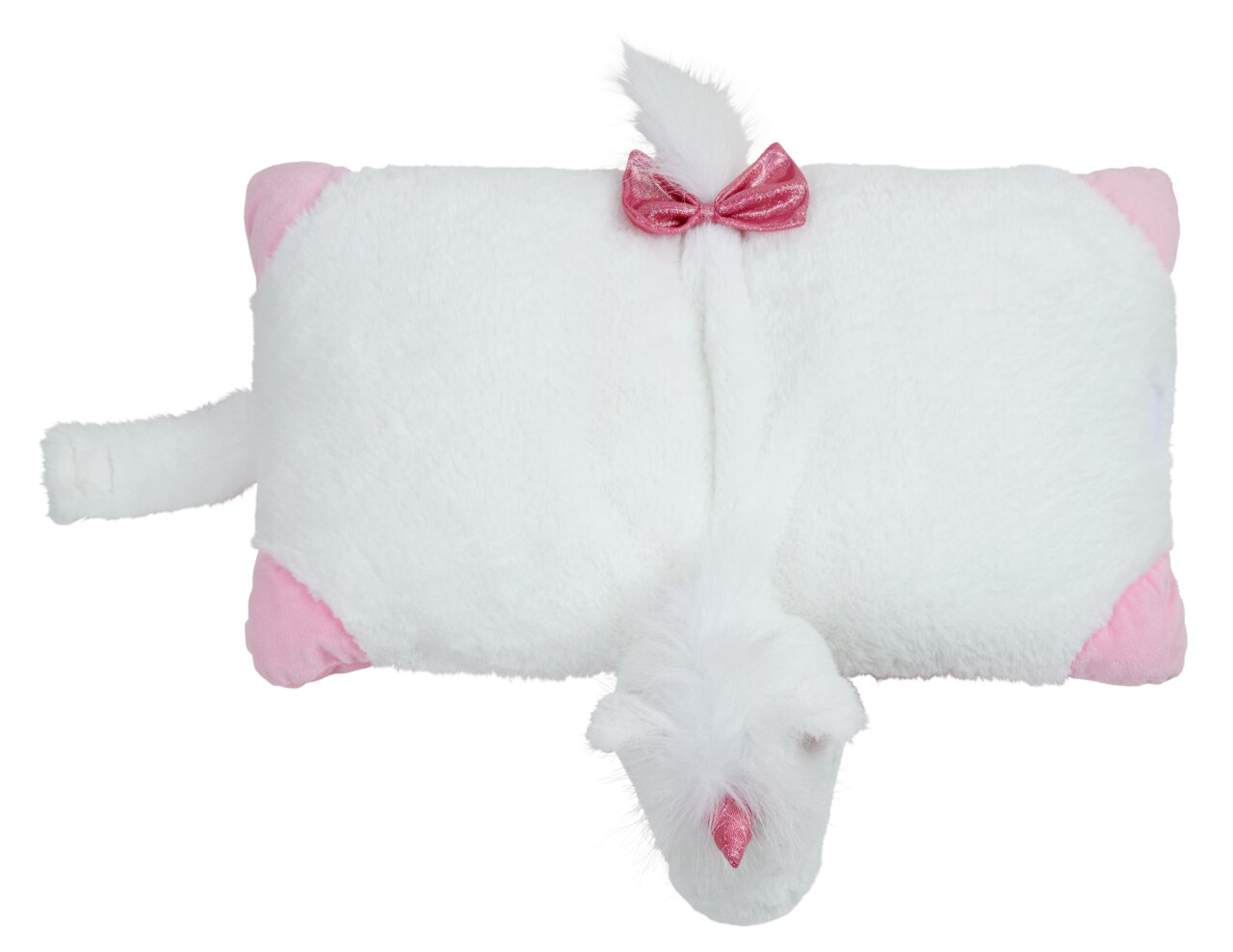 Wit en roze kinderkussen in de vorm van een eenhoorn, gezien van bovenaf, met een pluizige staart en een roze strik.