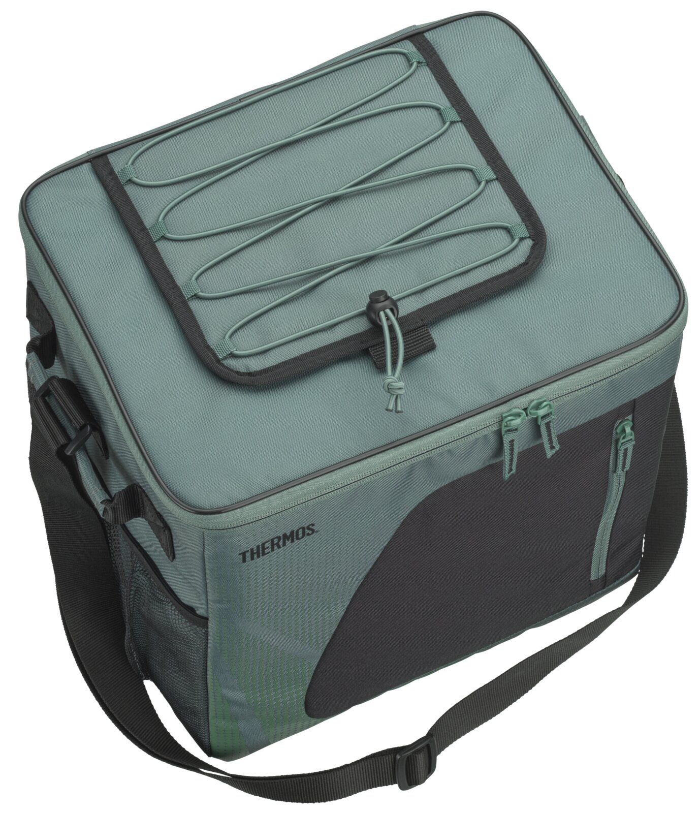 Grün-schwarze Thermos-Kühltasche mit Reißverschlussdeckel, elastischer Kordelhalterung, Frontfach und verstellbarem Schultergurt, aus schräger Vorderansicht von oben