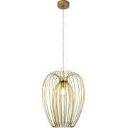 Goldene Pendelleuchte mit filigranem Drahtdesign, seitliche Perspektive