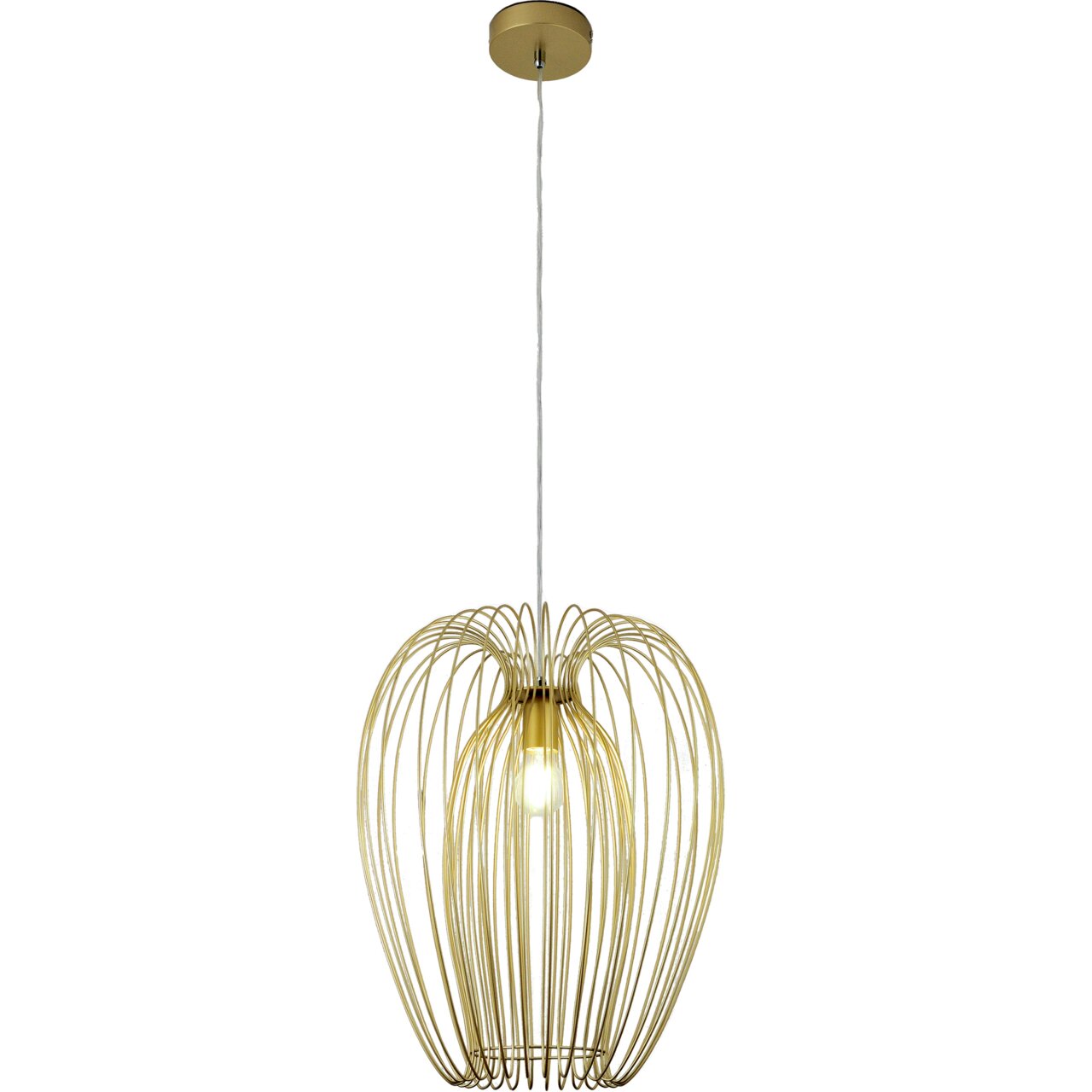 Goldene Pendelleuchte mit filigranem Drahtdesign, seitliche Perspektive