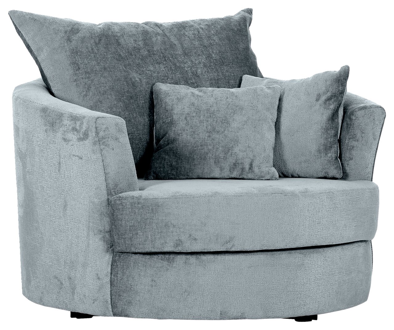 Gemütlicher, runder Sessel in hellgrauem Stoff mit zwei passenden Kissen, seitliche Perspektive.