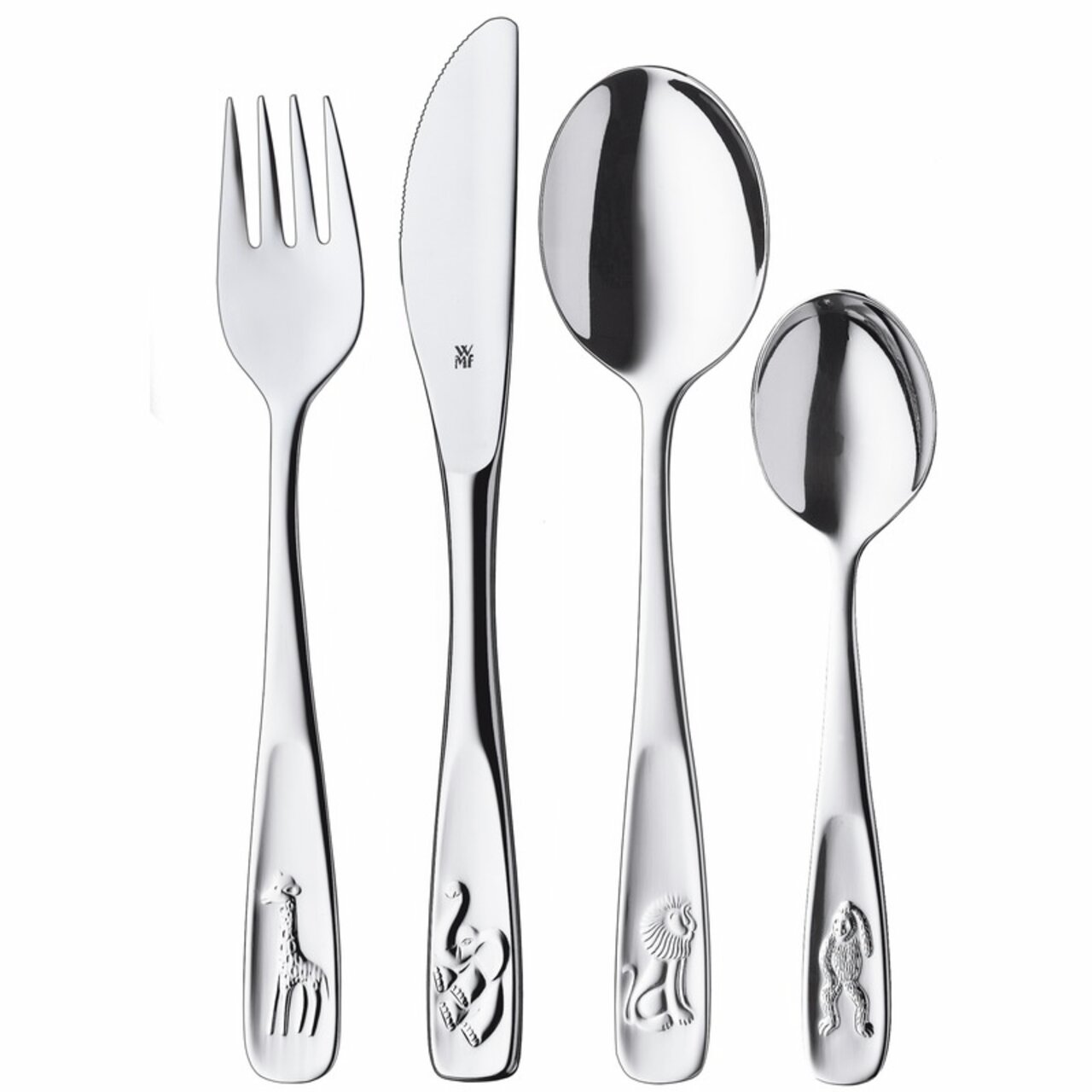 Kinderbesteck mit Tiermotiven, bestehend aus Gabel, Messer, großem und kleinem Löffel, frontal abgebildet.