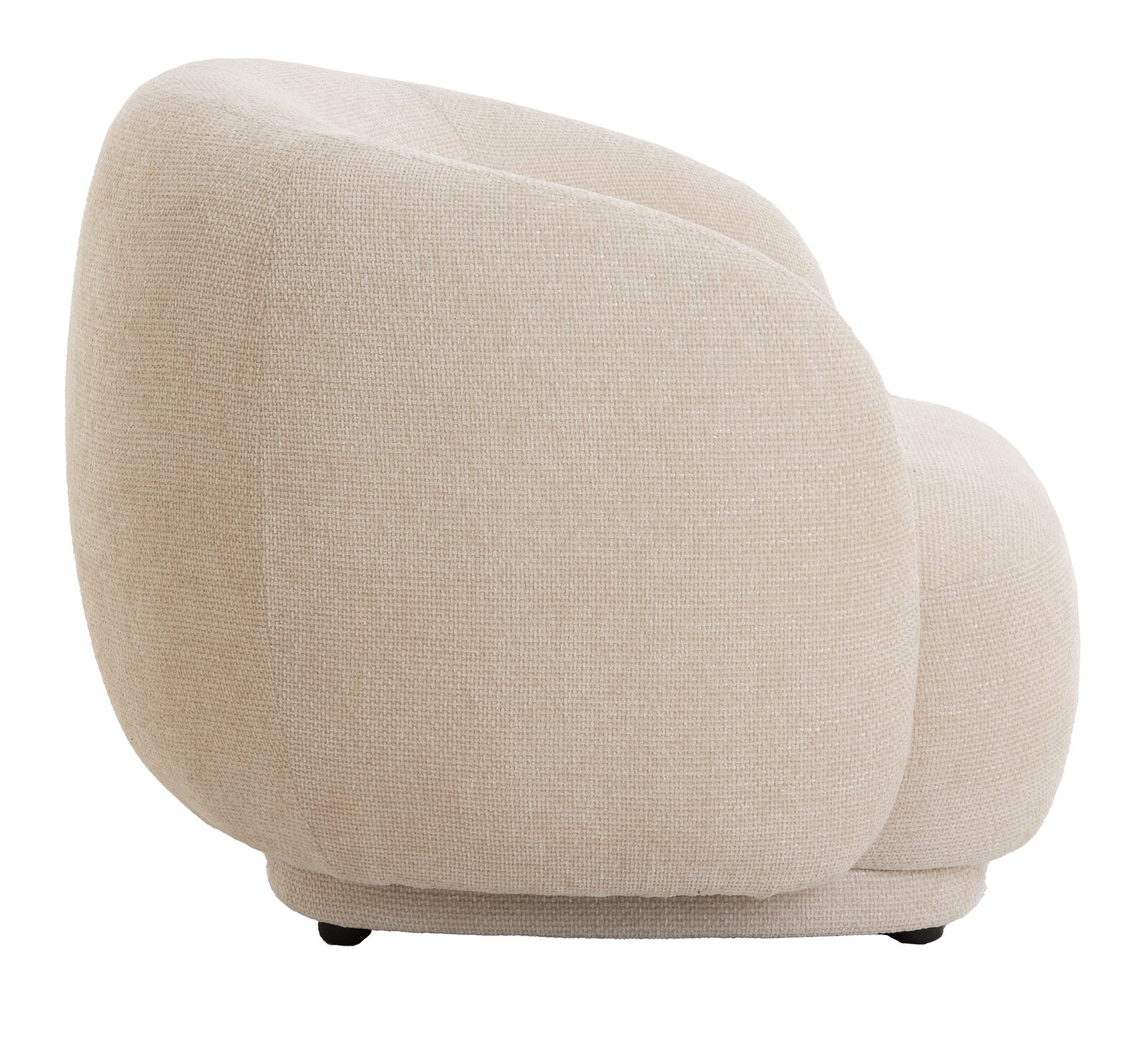 Beiger, gepolsterter Stuhl in seitlicher Ansicht mit abgerundeten Formen und texturierter Oberfläche.