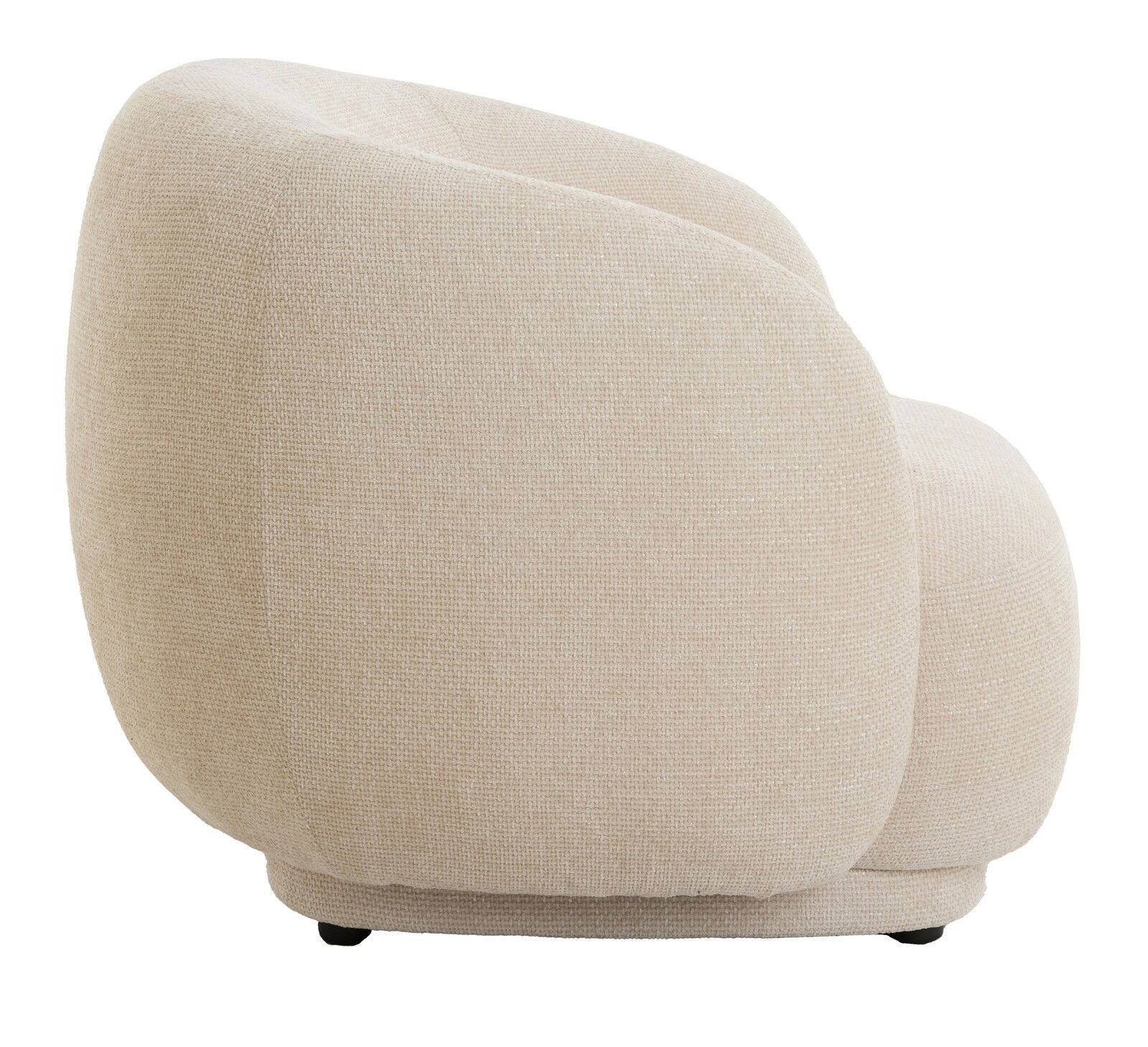Beiger, gepolsterter Stuhl in seitlicher Ansicht mit abgerundeten Formen und texturierter Oberfläche.
