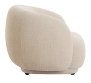 Beige, gestoffeerde stoel in zijaanzicht met afgeronde vormen en een gestructureerd oppervlak.