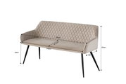 Elegante Sitzbank mit gesteppter Rückenlehne und schwarzen Metallbeinen, seitliche Perspektive.