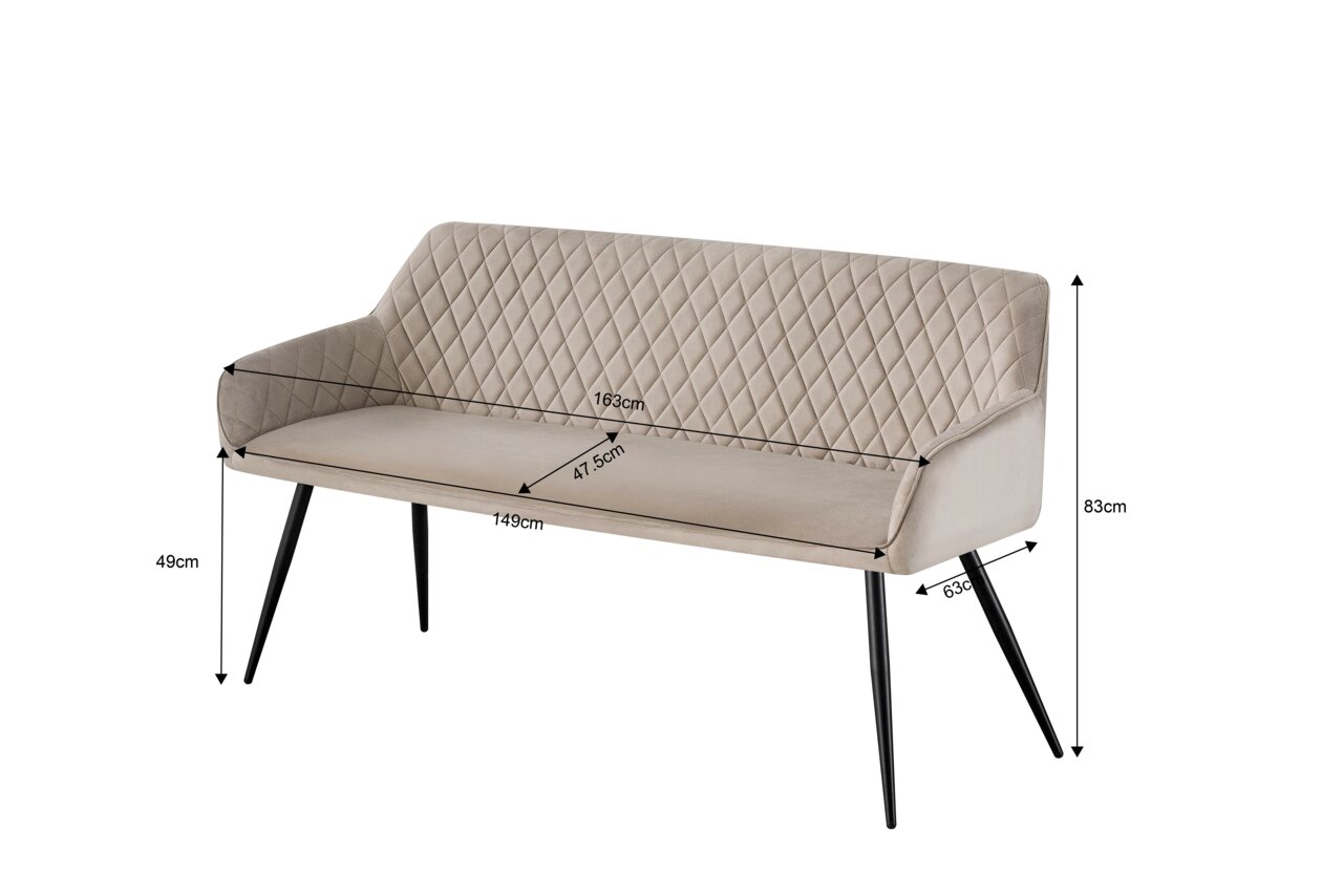 Elegante Sitzbank mit gesteppter Rückenlehne und schwarzen Metallbeinen, seitliche Perspektive.