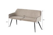 Elegante Sitzbank mit gesteppter Rückenlehne und schwarzen Metallbeinen, seitliche Perspektive.