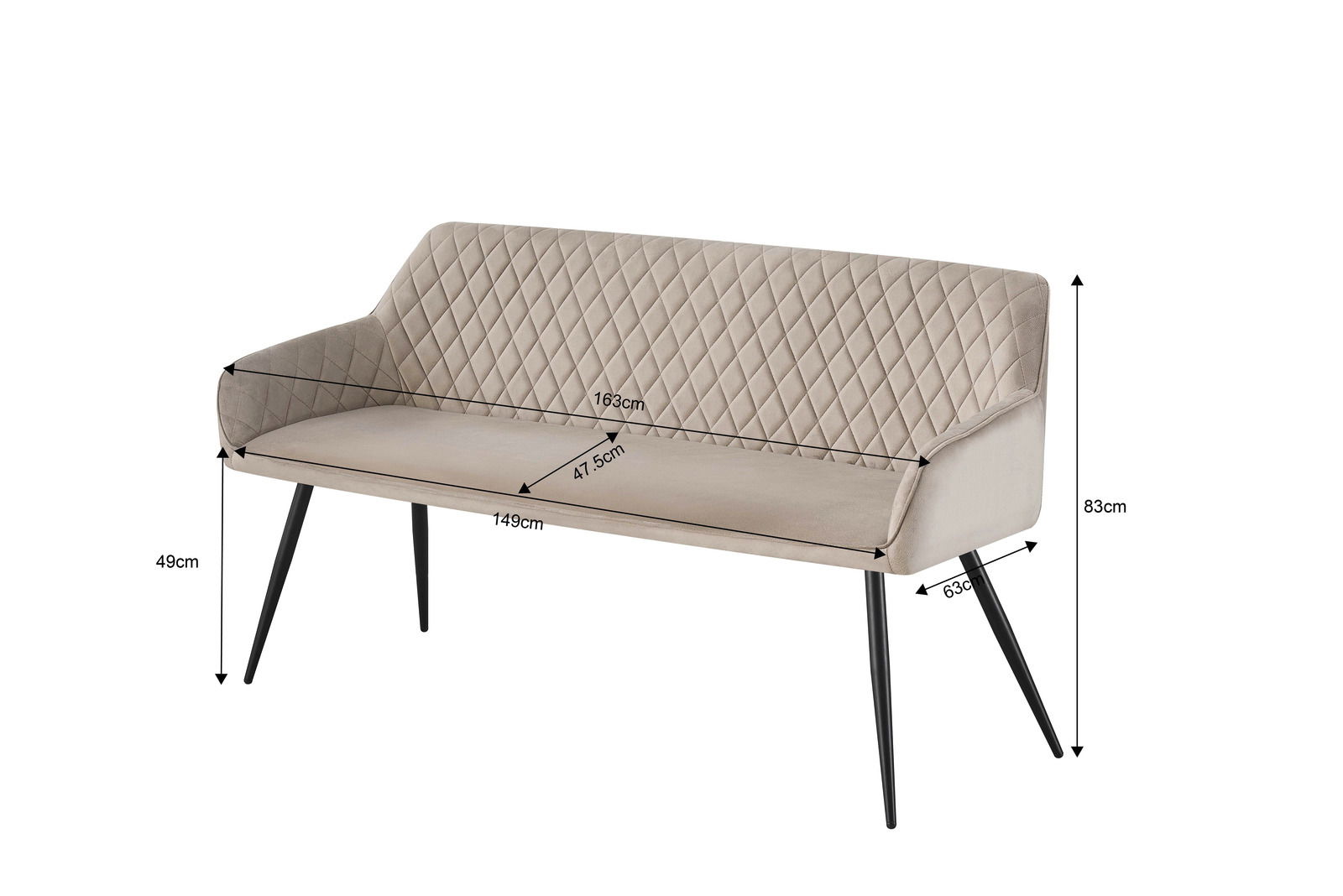 Elegante Sitzbank mit gesteppter Rückenlehne und schwarzen Metallbeinen, seitliche Perspektive.