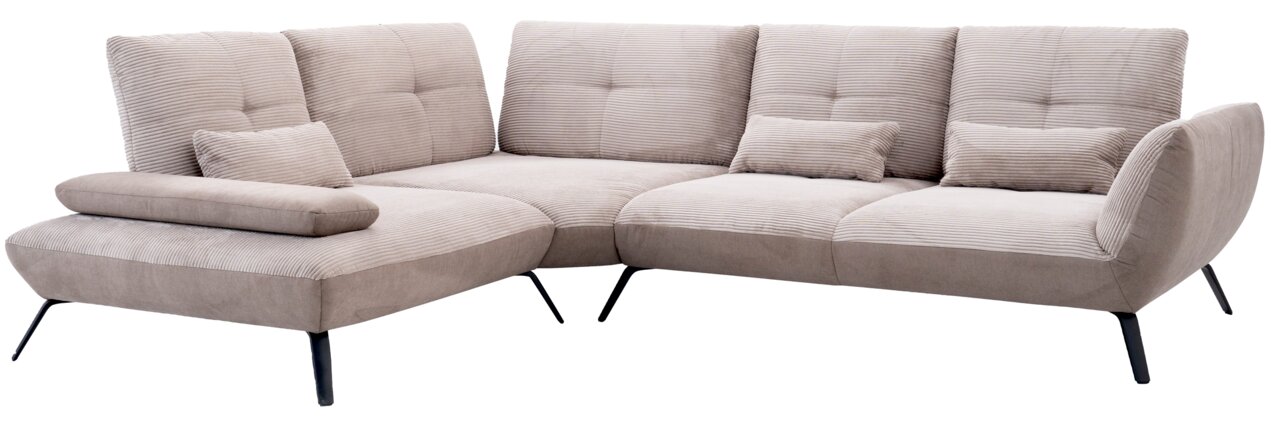 Beige Ecksofa mit geripptem Stoffbezug und schwarzen Metallfüßen, seitliche Perspektive