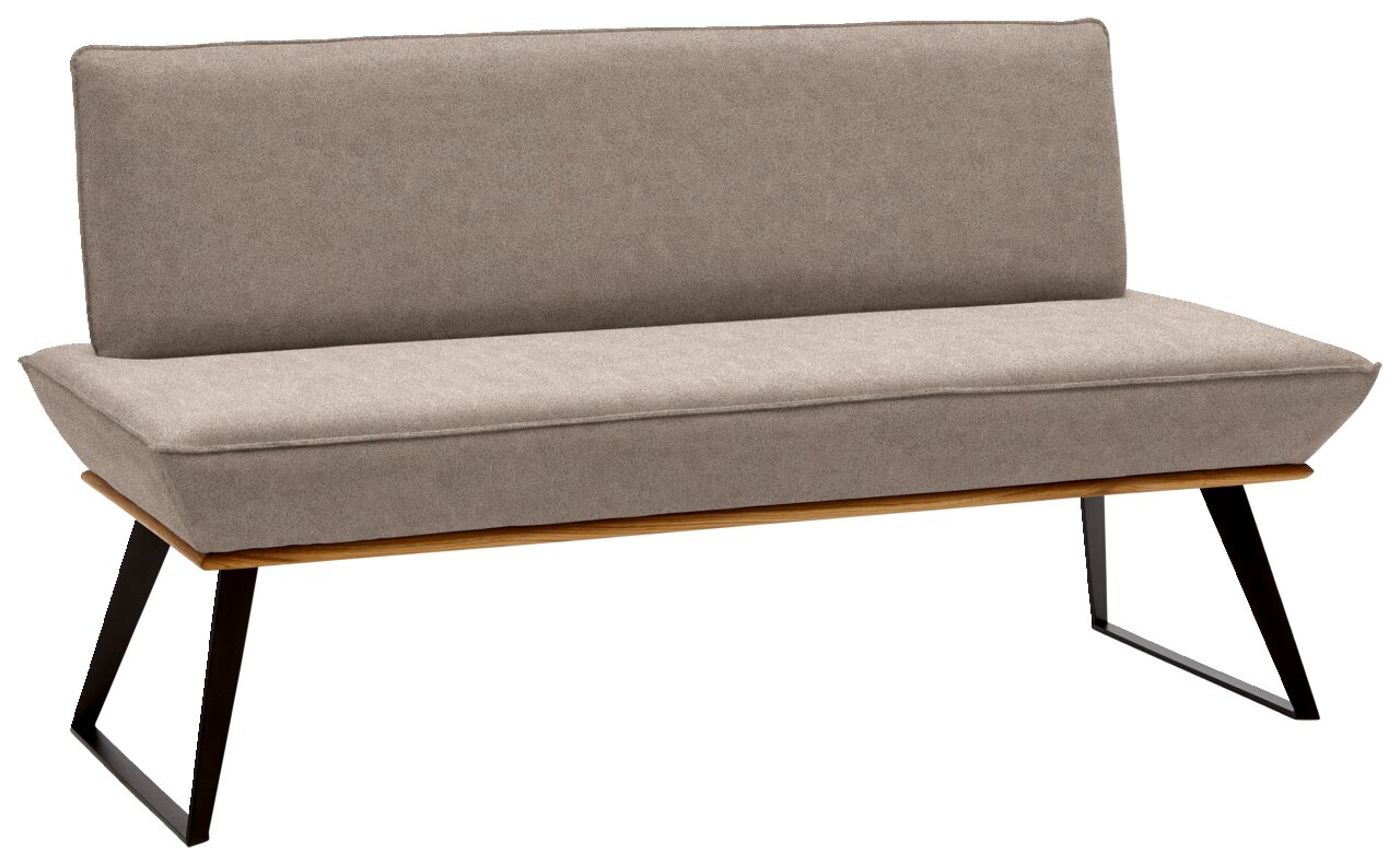 Graue Bank mit schwarzem Metallgestell, seitliche Perspektive