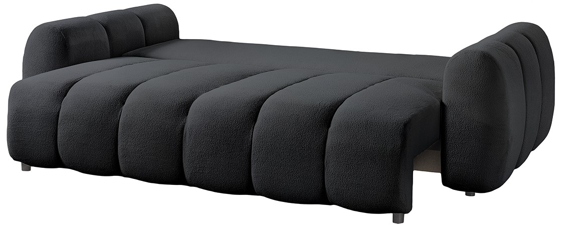 Schwarzes Funktionssofa in seitlicher Perspektive mit abgerundeten Kanten und modernem Design.