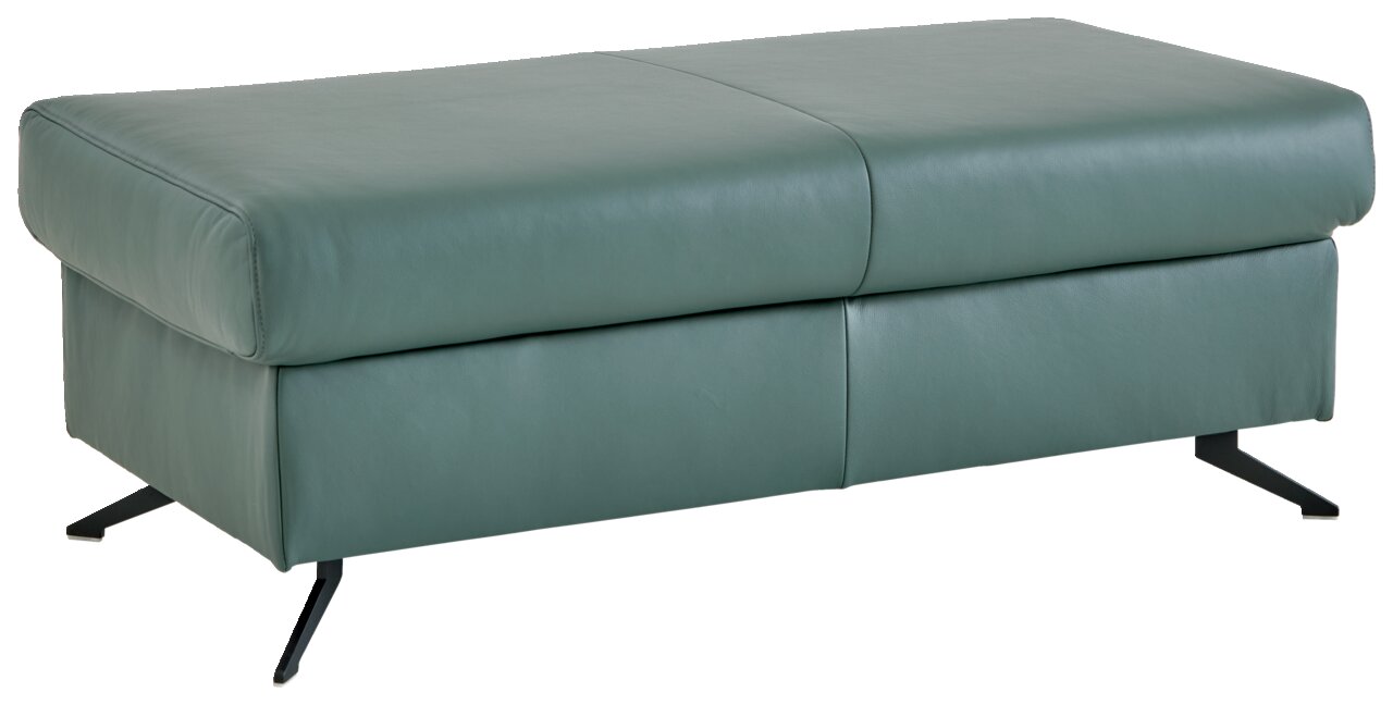 Grüner XXL-Hocker aus Leder mit schwarzen Metallfüßen, seitliche Perspektive