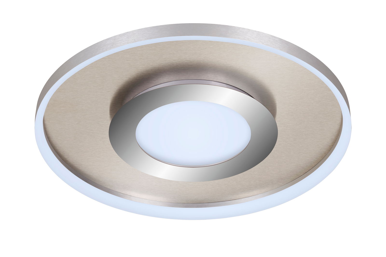 Moderne Deckenleuchte mit Mittellicht in silberner Optik, seitliche Perspektive