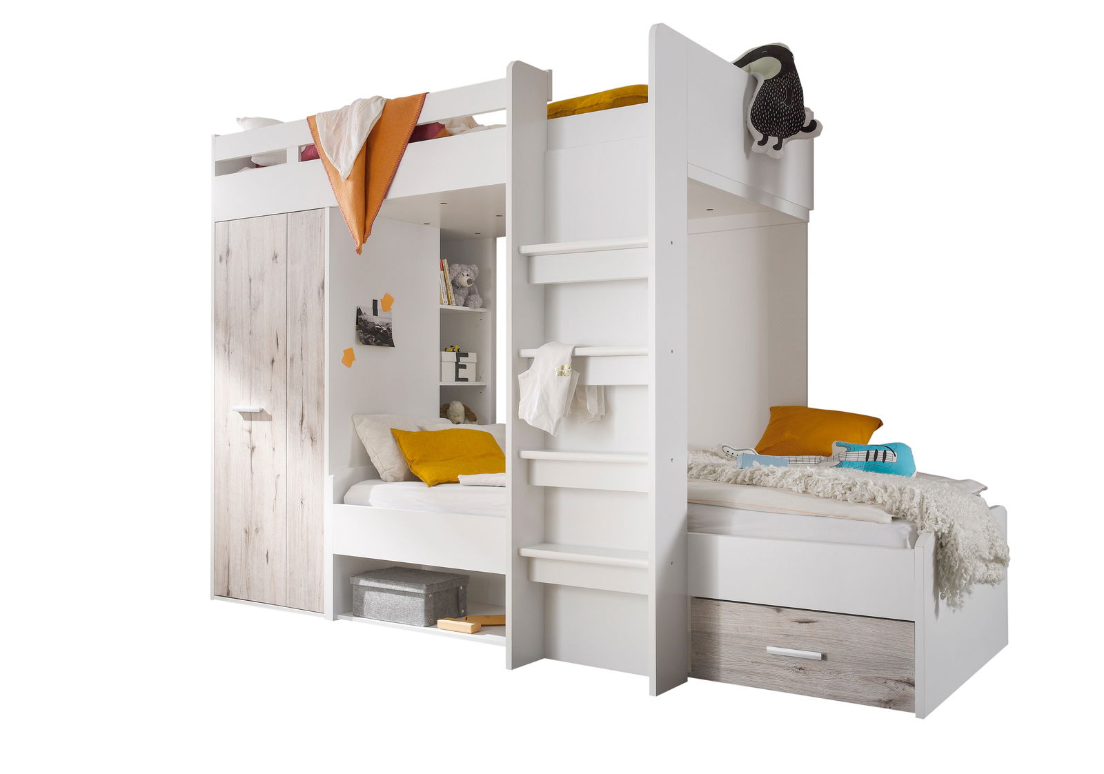 Hochbett mit integriertem Schrank und Leiter, Perspektive von vorne rechts