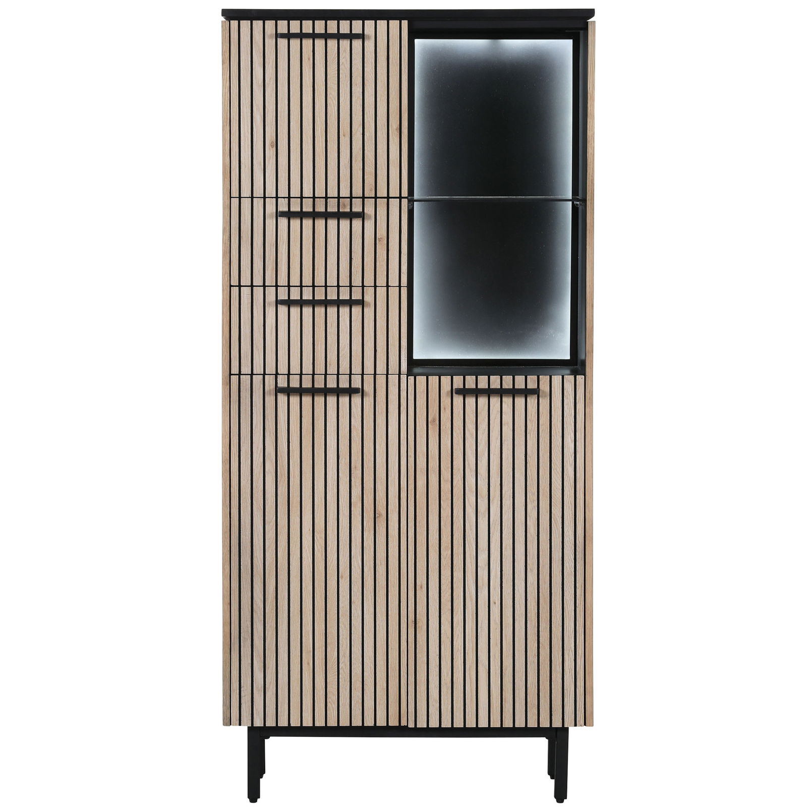 Vitrine aus Holz mit vertikalen Streifen und Glaseinsatz, frontale Ansicht