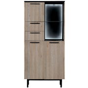 Vitrine aus Holz mit vertikalen Streifen und Glaseinsatz, frontale Ansicht