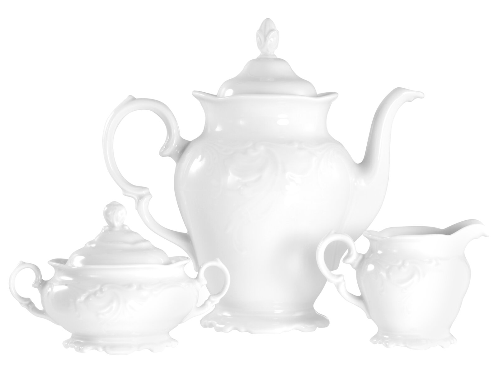 Creatable Kaffeegarnitur 3-tlg FREDERIKE Weißes Porzellan-Teeservice mit Teekanne, Zuckerdose und Milchkännchen im klassischen Reliefdesign, frontal aus leicht erhöhter Perspektive auf weißem Hintergrund