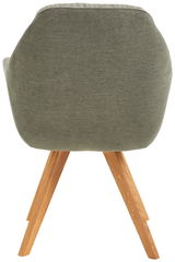 Rückansicht eines Sessels mit grünem Stoffbezug und Holzbeinen