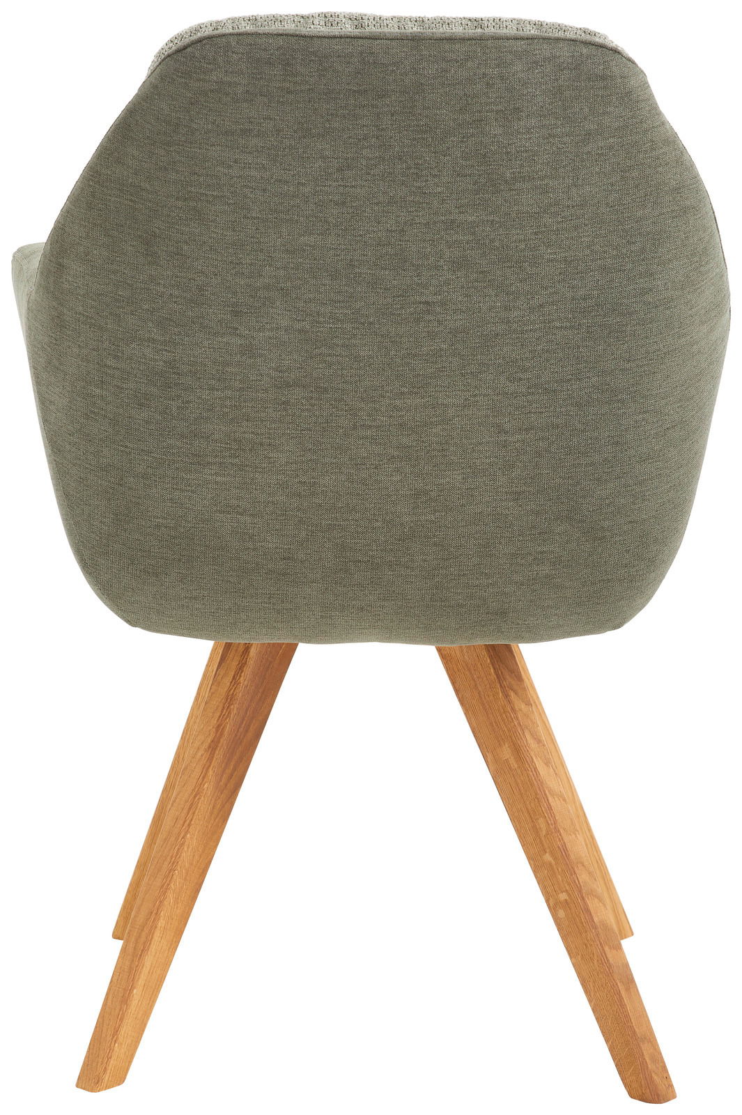 Rückansicht eines Sessels mit grünem Stoffbezug und Holzbeinen