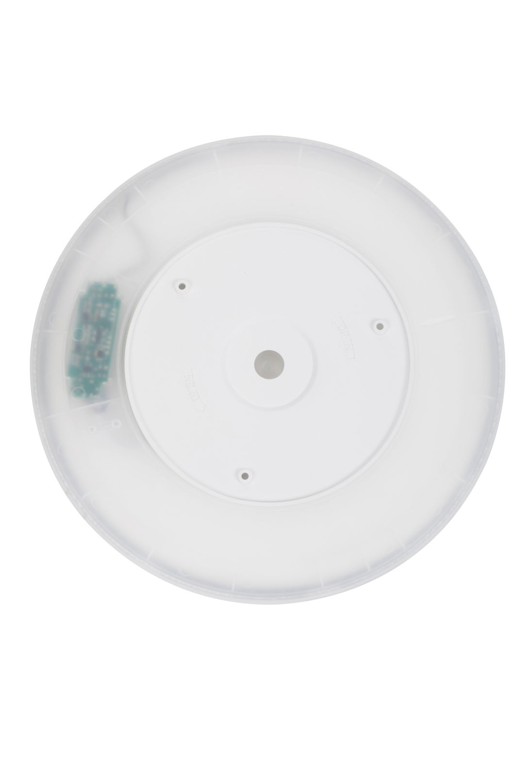 Runde LED-Deckenleuchte von unten betrachtet, mit sichtbarer Elektronik auf der linken Seite.