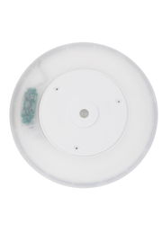 Runde LED-Deckenleuchte von unten betrachtet, mit sichtbarer Elektronik auf der linken Seite.