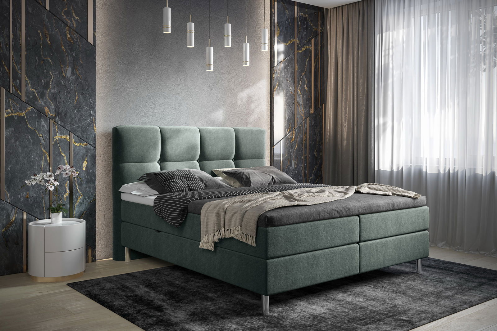 Boxbett in modernem Schlafzimmer, seitliche Perspektive, mit grauem Polsterkopfteil und eleganter Beleuchtung.