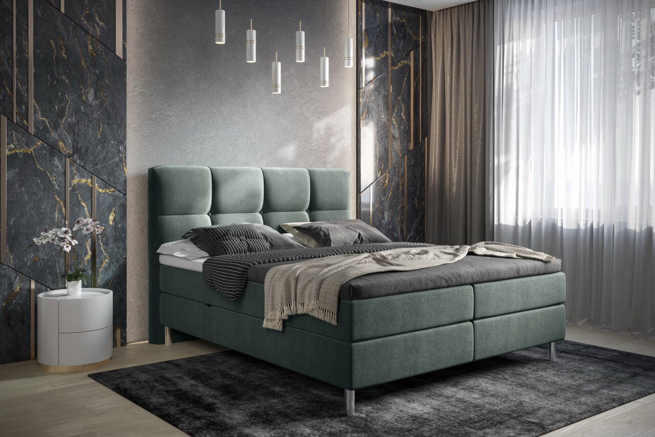 Boxbett in modernem Schlafzimmer, seitliche Perspektive, mit grauem Polsterkopfteil und eleganter Beleuchtung.