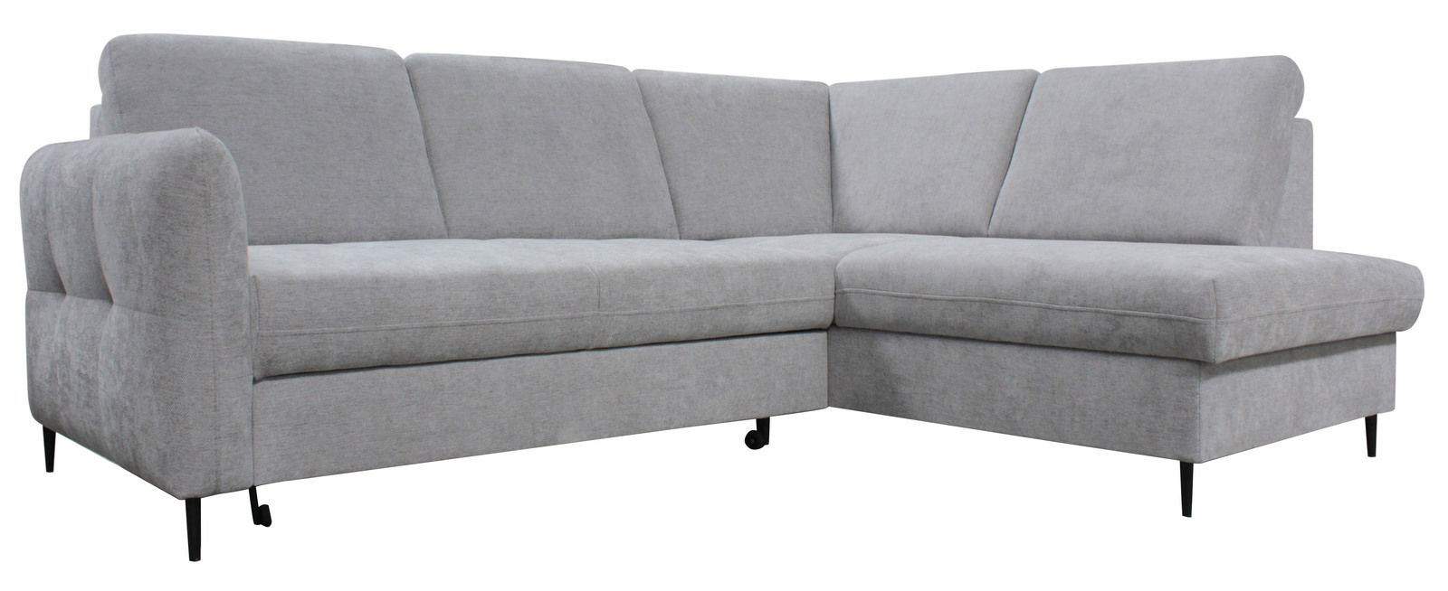 Graues Ecksofa mit modernem Design, abgebildet aus einer leicht seitlichen Perspektive.