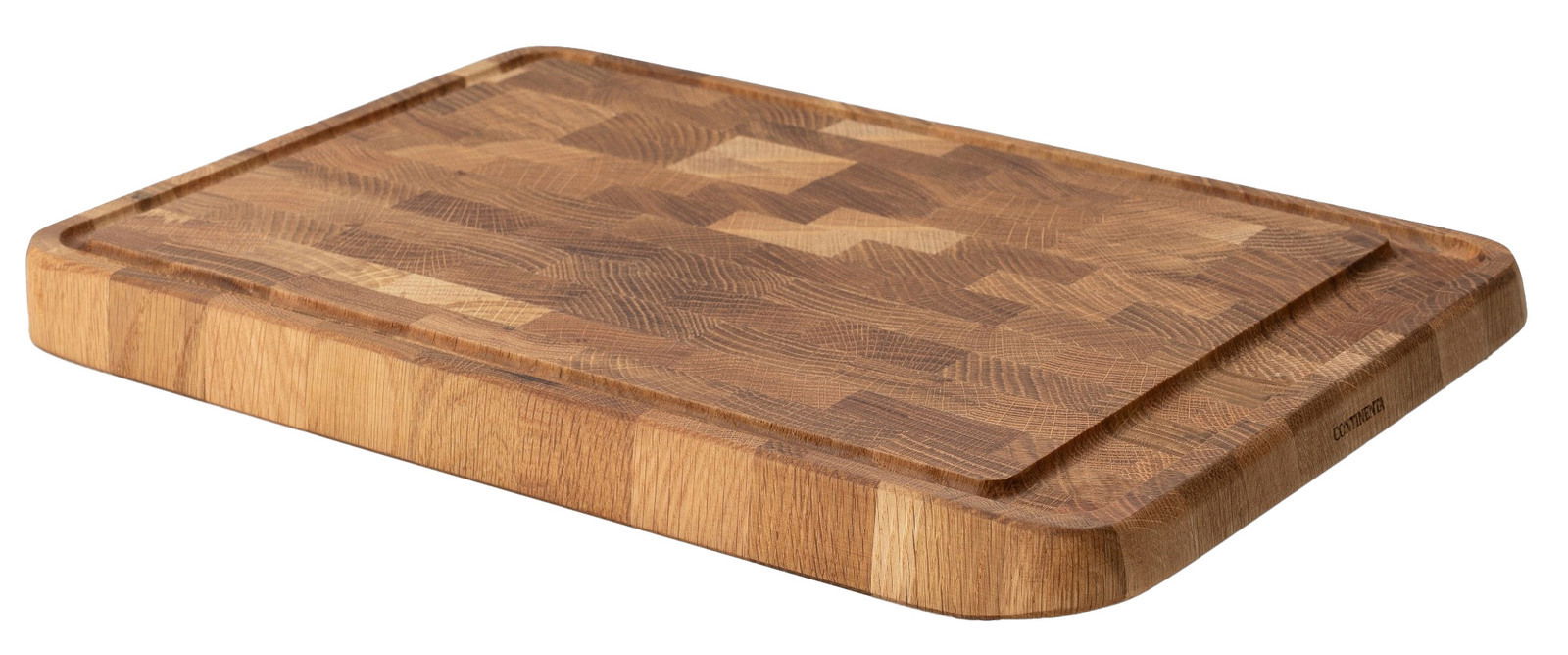 Tranchierbrett aus Eiche Stirnholz in schräger Perspektive, zeigt die Holzmaserung und die Saftrille.