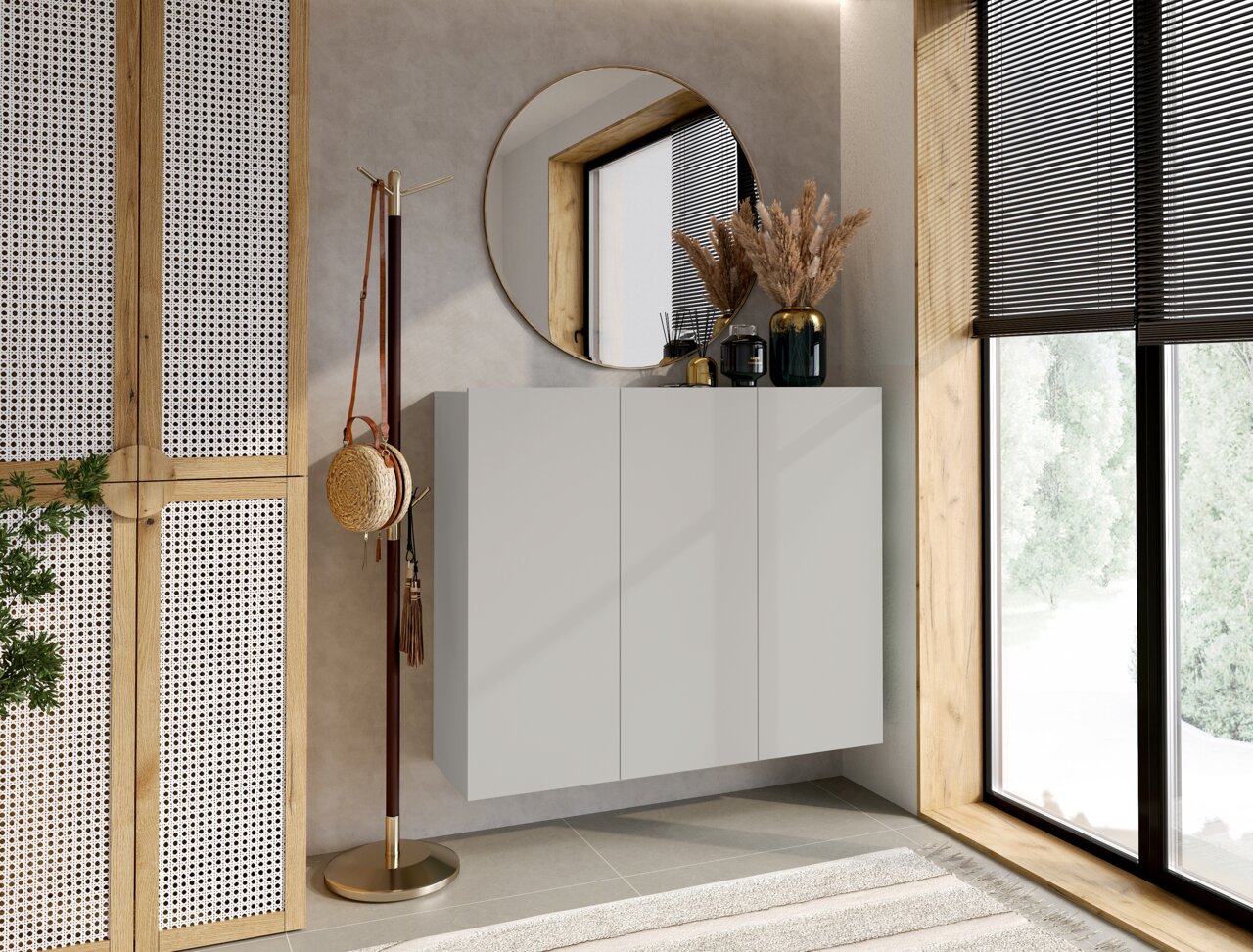 Hom´in Hängeschuhschrank NEWNIQ Moderner Hängeschuhschrank in einem stilvollen Flur, seitliche Perspektive.