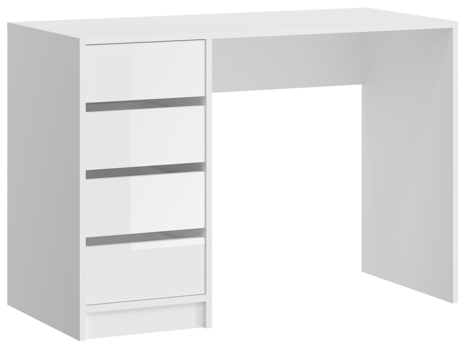 Weißer Schminktisch mit drei Schubladen auf der linken Seite, frontal betrachtet.